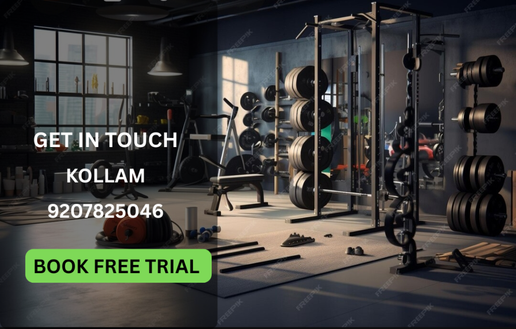 “Modern gym interior with weight training equipment at IMBACK Fitness Arena Kollam Kerala”