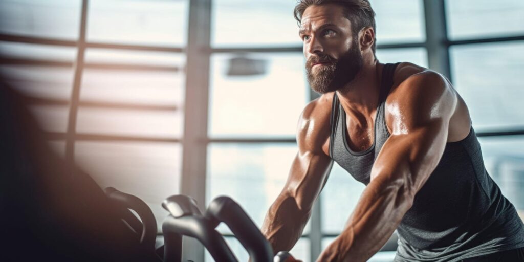"Man doing cycling workout at IMBACK fitness arena Kollam Kerala"